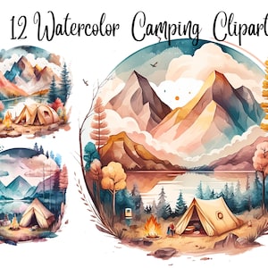 12 Camping Clipart, Camping Clip art, High Quality JPGs, Commercial use, Digital download,Paper crafts,Junk Journals,Watercolor Clipart
