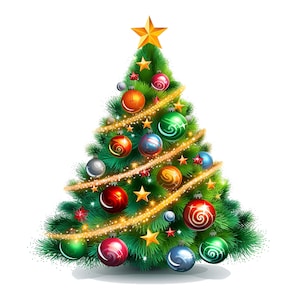 May include: A green Christmas tree decorated with colorful ornaments, gold star on top, and sparkling lights.