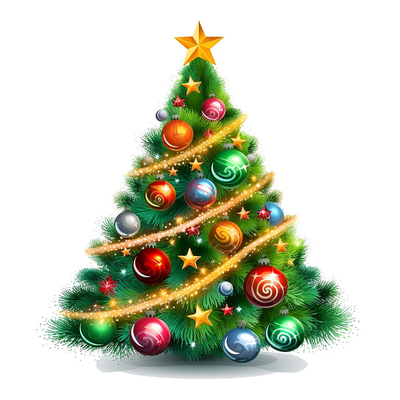 May include: A green Christmas tree decorated with colorful ornaments, gold star on top, and sparkling lights.