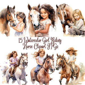 15 imágenes prediseñadas de niña montando a caballo en acuarela, archivos JPG, descarga digital, uso comercial, técnica mixta, manualidades con papel digital, imágenes prediseñadas de acuarela