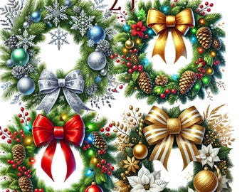 24 PNG Christmas Wreaths Clipart bundle, set 3, Festive Wreath Illustrations designs, Digital Download, Unlimited Commercial Use for Crafts