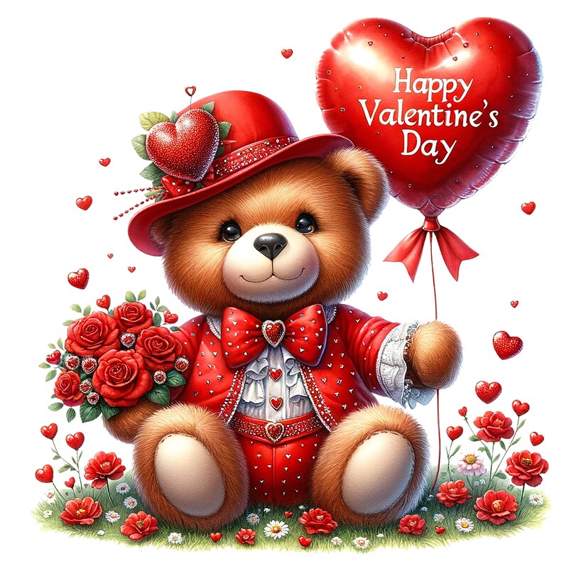 Op de afbeelding: Een bruine teddybeer die een rode hoed met een hart erop draagt en een rood pak met een strikje. De beer houdt een bos rode rozen vast en een rode hartvormige ballon waarop "Happy Valentine's Day" staat.