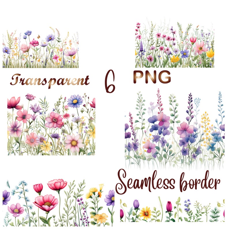 Peut inclure: Six fichiers PNG transparents de bordures florales aquarelle. Les bordures pr&eacute;sentent une vari&eacute;t&eacute; de fleurs roses, violettes, bleues et jaunes avec des feuilles et des tiges vertes. Le texte "Transparent 6 PNG Seamless border" est inclus dans l'image.