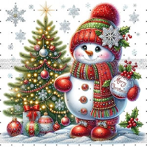 Puede incluir: Ilustración festiva de un muñeco de nieve con gorro, bufanda y mitones rojos y verdes, sosteniendo un adorno de "Feliz Navidad". Un árbol de Navidad decorado y copos de nieve están en el fondo. El muñeco de nieve tiene una nariz de zanahoria y ojos de botón.