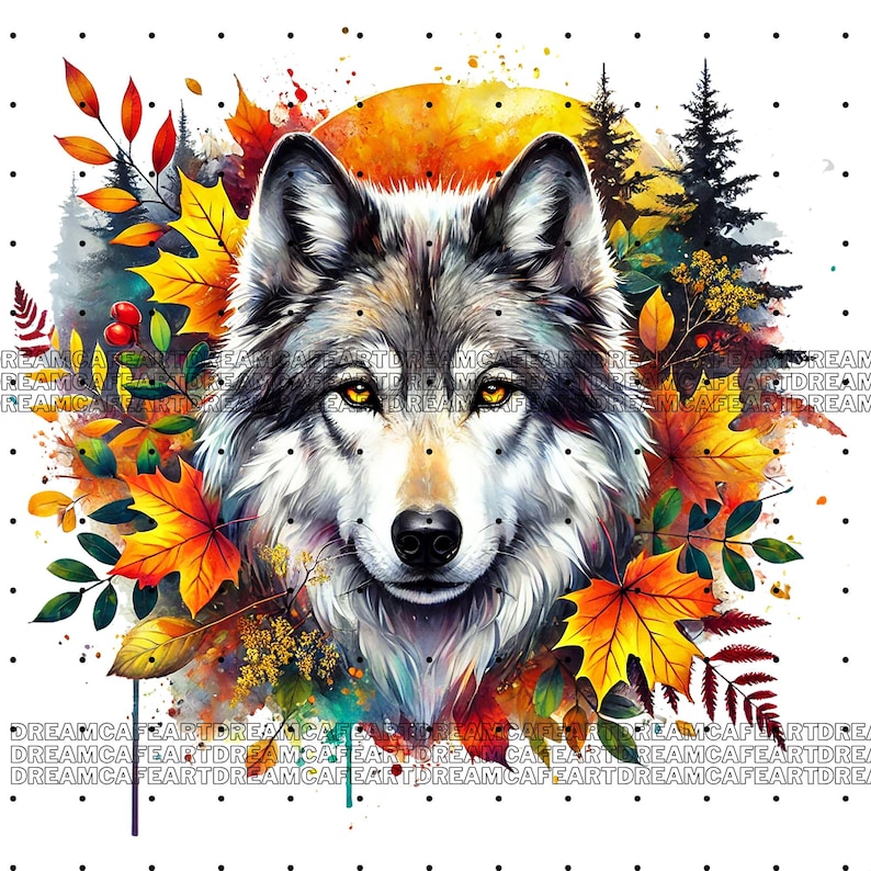 May include: A watercolor painting of a wolf's head with a background of fall leaves, a sunset, and pine trees. The wolf has a gray and white coat with yellow eyes.