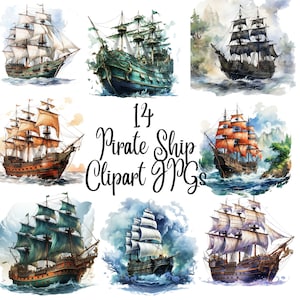 10 Pirate Ship Clipart, JPGs, Digital Download, Commercial Use, Mixed Media, Digital Paper Craft, Watercolor clipart,  Vintage Ship
