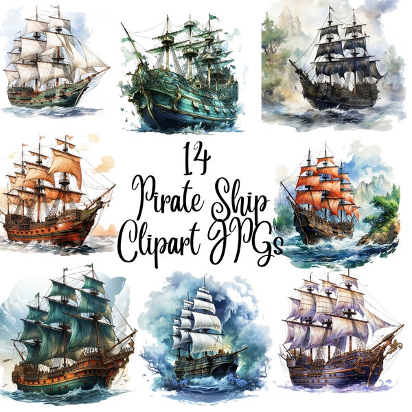 10 Pirate Ship Clipart, JPG, Téléchargement numérique, Utilisation commerciale, Techniques mixtes, Digital Paper Craft, Aquarelle clipart, vintage Ship