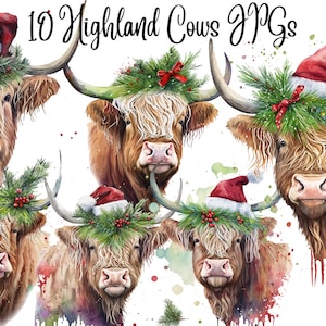 10 JPGs, Highland Cow Clipart,Christmas Clipart, Commercial use,Digital Download,Watercolor Clipart,Card Making,Clip Art,Digital Paper Craft