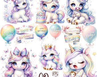 Puede incluir: Un conjunto de 60 ilustraciones digitales que presentan lindas unicornios de dibujos animados en varias poses. Los unicornios se representan con crines y colas arcoíris, y algunos llevan coronas, sostienen pasteles de cumpleaños o chupetes. Las ilustraciones también incluyen globos con el texto "¡Feliz cumpleaños!" y "¡Bienvenido bebé!"