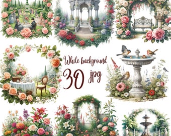 30 JPG, Victorian Garden Clipart bundle, Watercolor Spring Garden Clipart, Shade Designs, Spring Clipart, Home Decor Crafts, Comercial use