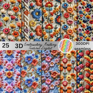 Puede incluir: 25 texturas digitales sin costuras de bordado y tejido de punto en una variedad de patrones florales. Las texturas son de 300 DPI y presentan una variedad de colores, incluidos rojo, naranja, amarillo, azul, verde y rosa.