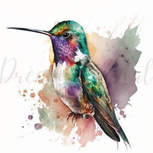 May include: Watercolor painting of a hummingbird with iridescent green, purple, and red feathers. The bird has a long, black beak and is perched on a branch. The background features colorful watercolor splashes in shades of brown, purple, and green.