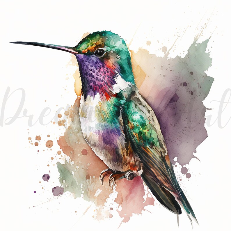May include: Watercolor painting of a hummingbird with iridescent green, purple, and red feathers. The bird has a long, black beak and is perched on a branch. The background features colorful watercolor splashes in shades of brown, purple, and green.