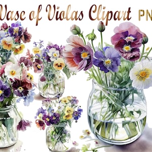 5 Violas in a Glass Vase Clipart png,Digital Download, Digital planner, Mixed Media, Digital Paper Craft, Watercolor clipart, Flowers png