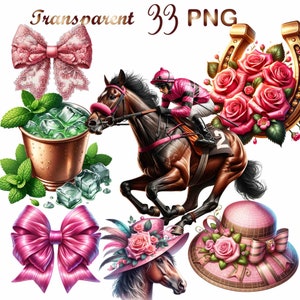 Peut inclure: Une collection d'images clipart numériques représentant un jockey monté sur un cheval de course brun, un chapeau rose à motif floral, un nœud rose, un mug en cuivre avec de la glace et des feuilles de menthe, et un fer à cheval doré avec des roses roses.