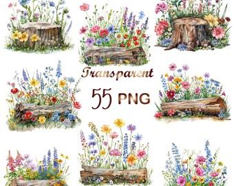 55 PNG, Wildflowers On Log Clipart bundle, Watercolor Wildflowers clipart, Wild  Flowers png Clipart bundle, Wild Flowers clipart
