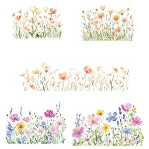 60 Watercolor Wildflower PNG Bundle, Pastel Floral Borders, Meadow Flowers Clipart, Botanical Set, Digital Download, Commercial Use image 3