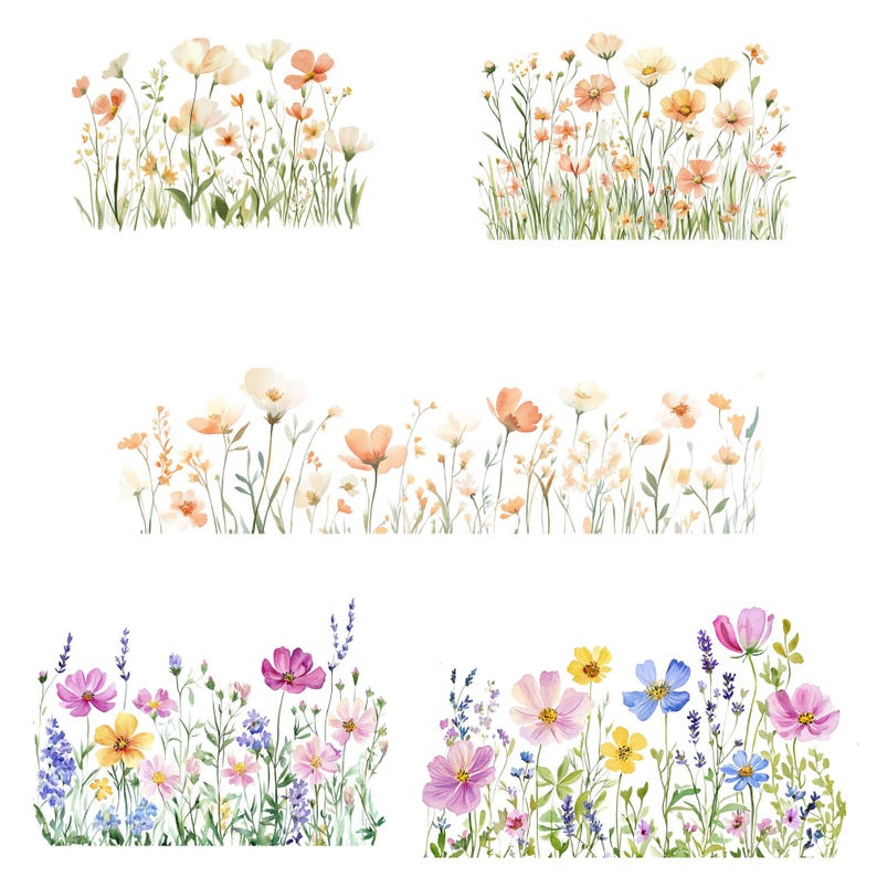 60 Watercolor Wildflower PNG Bundle, Pastel Floral Borders, Meadow Flowers Clipart, Botanical Set, Digital Download, Commercial Use image 3