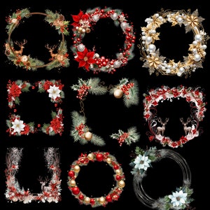 May include: Nine festive Christmas wreath and corner designs on a black background. The wreaths feature red poinsettias, berries, gold baubles, and deer. Some designs are circular, others are square or corner arrangements.