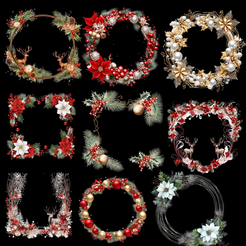 May include: Nine festive Christmas wreath and corner designs on a black background. The wreaths feature red poinsettias, berries, gold baubles, and deer. Some designs are circular, others are square or corner arrangements.