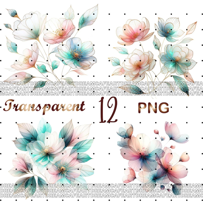 May include: A set of 12 transparent PNG images featuring watercolor-style floral bouquets with pink, blue, and white flowers. The flowers are arranged in a loose, flowing style, and the images are perfect for adding a touch of elegance to any design project.