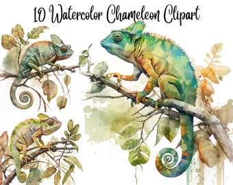 10 Chameleons Clipart, JPGs, Commercial Use,  Digital Download, Card Making, Mixed Media, Digital Paper Craft, Watercolor Chameleon