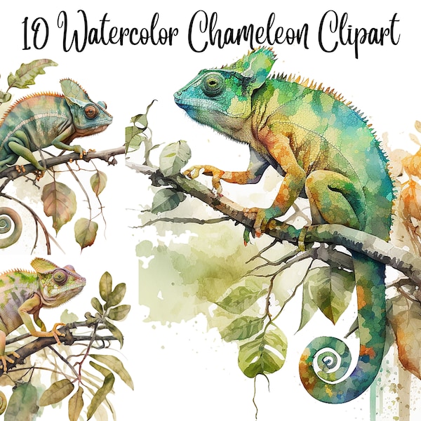 10 Chameleons Clipart, JPGs, Commercial Use,  Digital Download, Card Making, Mixed Media, Digital Paper Craft, Watercolor Chameleon