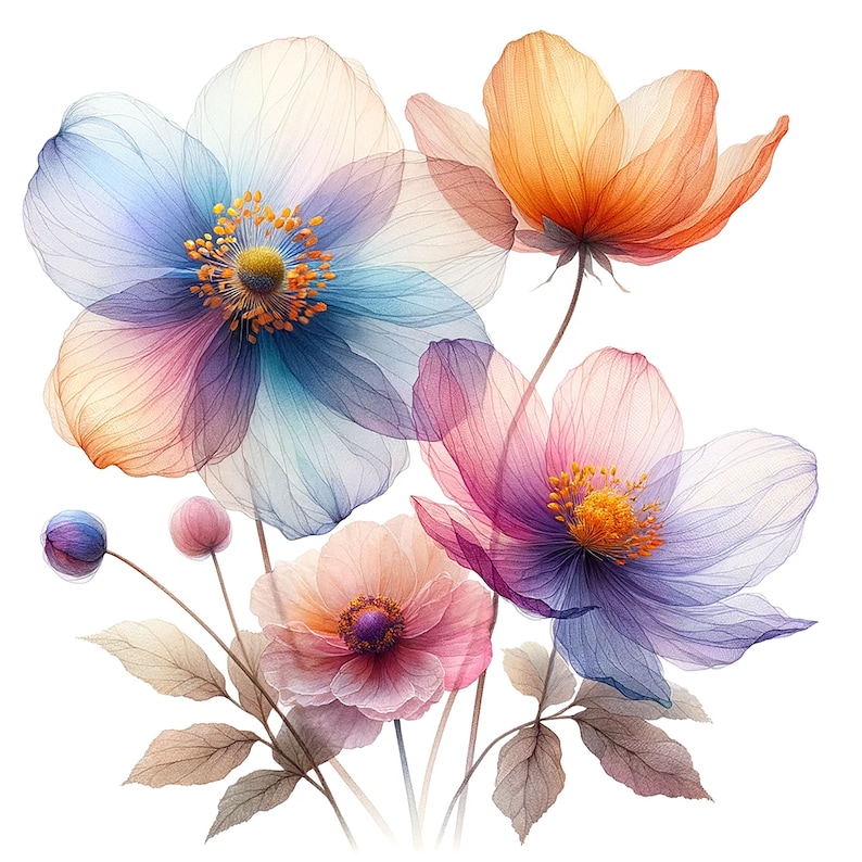 K&ouml;nnte beinhalten: Ein Aquarellbild eines Strau&szlig;es zarter, durchscheinender Blumen in Blaut&ouml;nen, Rosa und Orange. Die Blumen haben eine weiche, &auml;therische Qualit&auml;t, als w&auml;ren sie aus Licht gemacht.