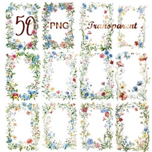 50 PNG Watercolor Wildflowers frames clipart bundle, Wild Flowers frames Graphics Designs, Spring Art, Digital Download, Commercial Use