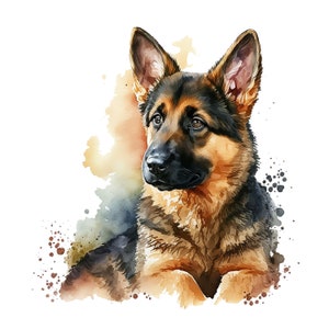 May include: A watercolor painting of a German Shepherd puppy with brown and black fur. The puppy is looking to the left of the image and has a soft, gentle expression. The background is a watercolor wash of brown and orange.