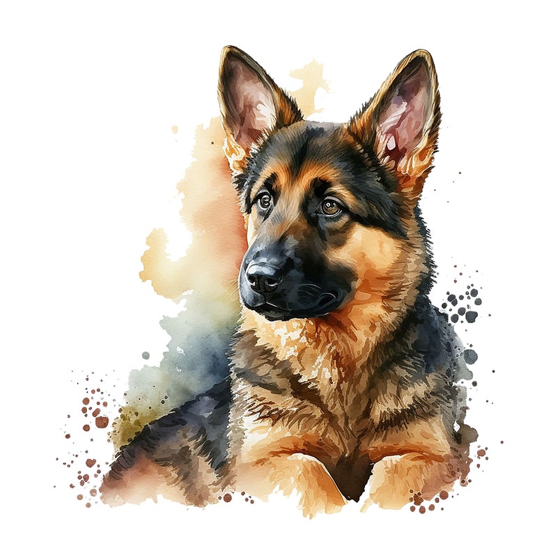 May include: A watercolor painting of a German Shepherd puppy with brown and black fur. The puppy is looking to the left of the image and has a soft, gentle expression. The background is a watercolor wash of brown and orange.