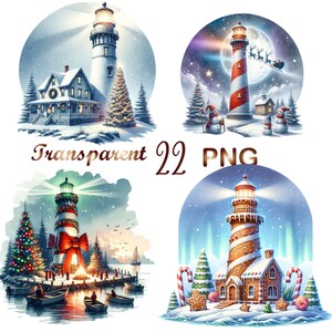 以下が含まれることがあります： クリスマスの飾り付けが施された灯台のデジタルイラスト4点。最初の画像は、赤と白のストライプの灯台で、その前にジンジャーブレッドハウスがあります。2番目の画像は、赤い屋根の白い灯台で、その前にジンジャーブレッドハウスがあります。3番目の画像は、赤い屋根の白い灯台で、その前にジンジャーブレッドハウスがあります。4番目の画像は、赤い屋根の白い灯台で、その前にジンジャーブレッドハウスがあります。