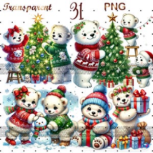31 PNG, kerst ijsbeer clipart bundel, ijsbeer illustraties, schattige ijsbeer clipart, ijsbeer png, digitale download, commercieel gebruik