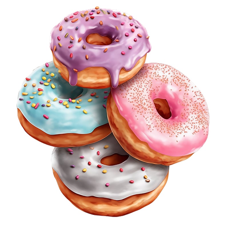 May include: Four donuts stacked on top of each other. The top donut is purple with sprinkles, the second is blue with sprinkles, the third is grey with sprinkles, and the bottom donut is pink with sprinkles.
