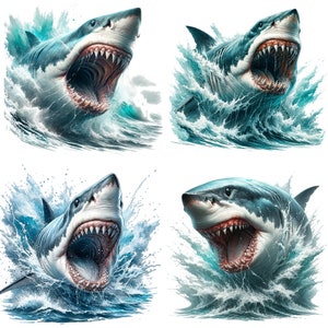 May include: Four digital illustrations of a great white shark with its mouth open, showing its teeth, emerging from the water. The shark is in a dynamic pose, with its head and upper body above the waterline. The water is depicted as a splash of blue and white, creating a sense of motion and energy.