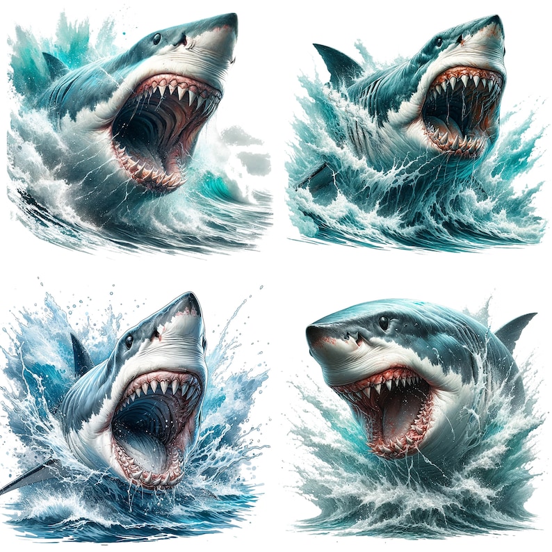 May include: Four digital illustrations of a great white shark with its mouth open, showing its teeth, emerging from the water. The shark is in a dynamic pose, with its head and upper body above the waterline. The water is depicted as a splash of blue and white, creating a sense of motion and energy.