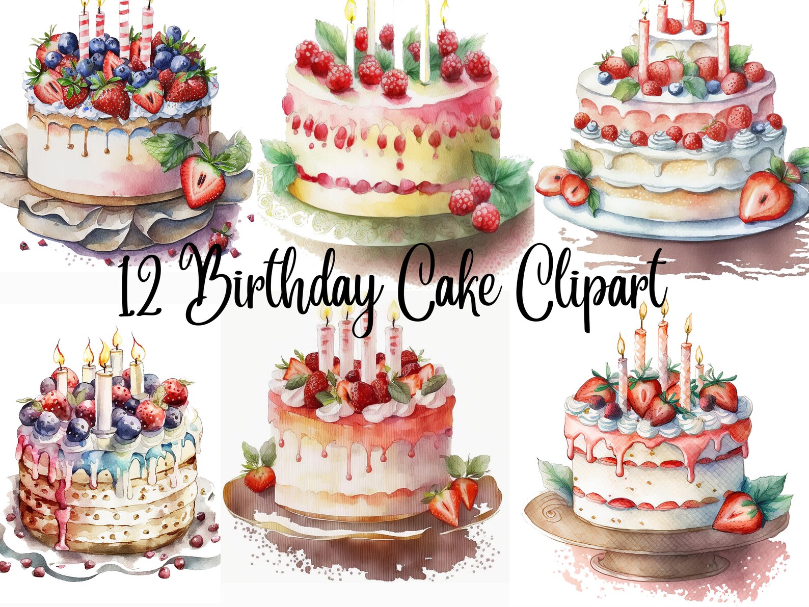 12 Colourful Birthday Cake Clipart - High Quality Jpgs - Digital ...