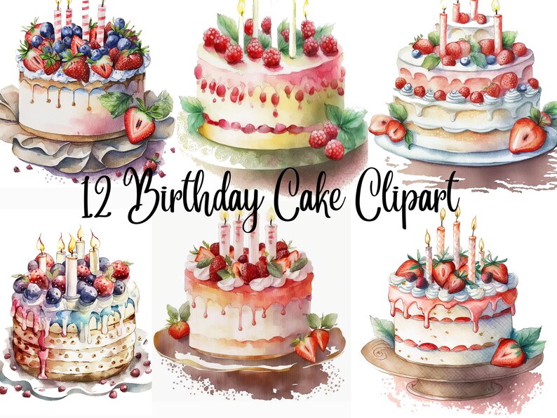 12 Colourful Birthday Cake Clipart - High Quality Jpgs - Digital ...
