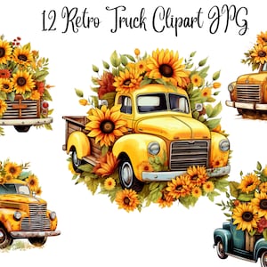 12 Watercolor Autumn Retro Truck Clipart JPGs,  Watercolor Clipart, JPGs, Commercial use, Digital Download,Printable art,Clip Art