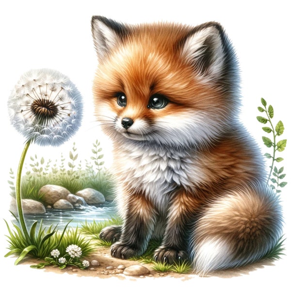 12 PNG/JPG Fox Wish Clipart, Dandelion Themed clipart, Wall Art, Paper Craft, Apparel, Digital Prints. Commercial Use