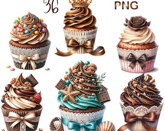 36 PNG, Schokolade Cupcake Clipart Bundle, Aquarell Choco Dessert, Aquarell Cupcake Clipart, Aquarell Cupcake Bundle, kommerzielle Nutzung