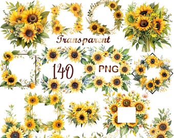Watercolor Sunflowers Clipart Bundle 140 PNG, Sunflower Wreath, Floral Clip Art, Sunflower Sublimation, Commercial Use, Digital Download