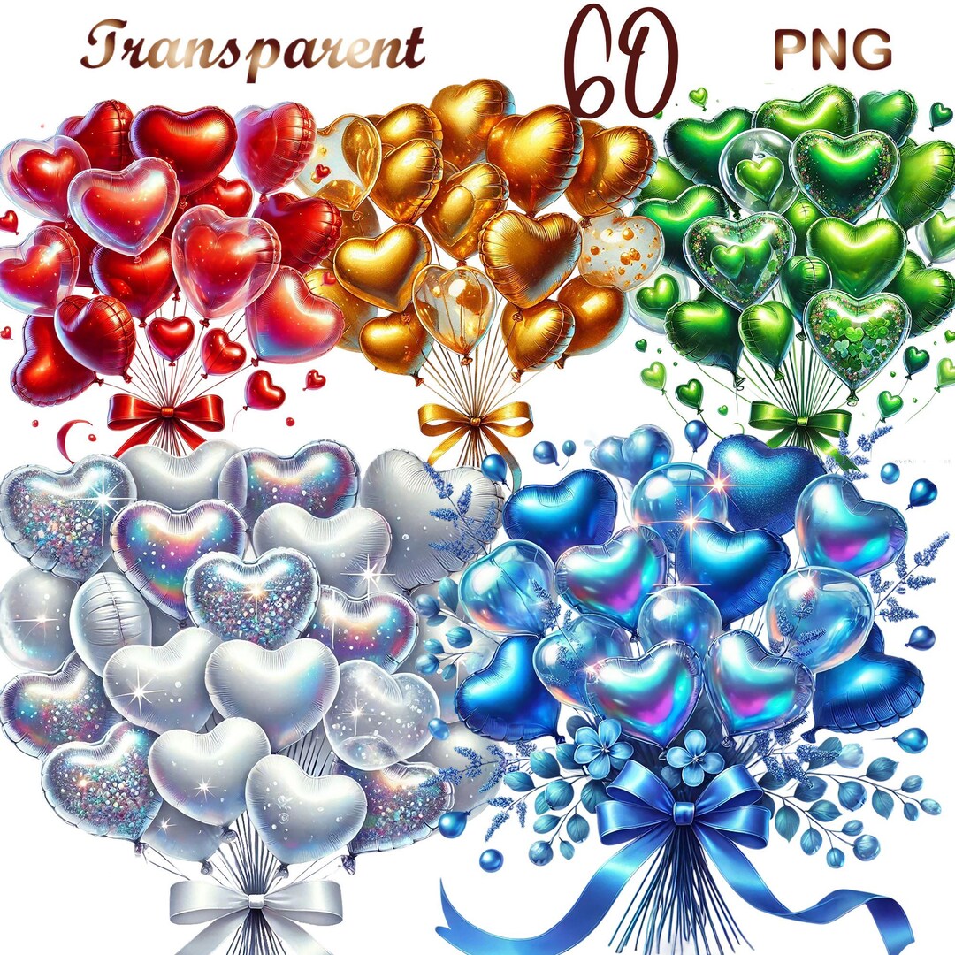 60 PNG Set 1 Heart Balloons Clipart Bundle, Love Clipart, Cute Love ...