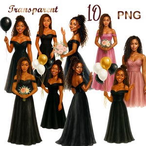 May include: Watercolor illustration of ten women in elegant off-the-shoulder gowns. Some hold balloons in black, gold, and white, while others carry bouquets of pink flowers. The dresses are in black and pink hues.