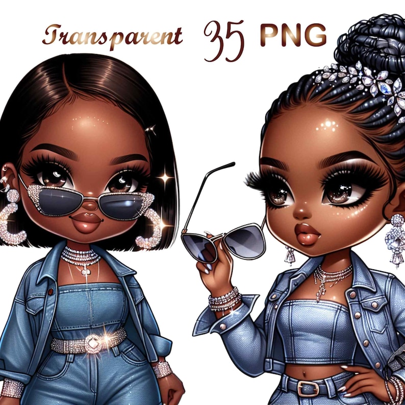 May include: Two cartoon illustrations of a Black girl with large eyes, wearing a denim jacket, a denim top, and a silver belt. One girl is wearing sunglasses and the other is holding sunglasses. Both girls are wearing silver earrings and necklaces.