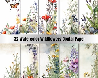 32 Watercolor Wildflowers Digital Paper Set, Spring Flowers Junk Journal Paper, Printable Spring Meadow, Digital Scrapbooking