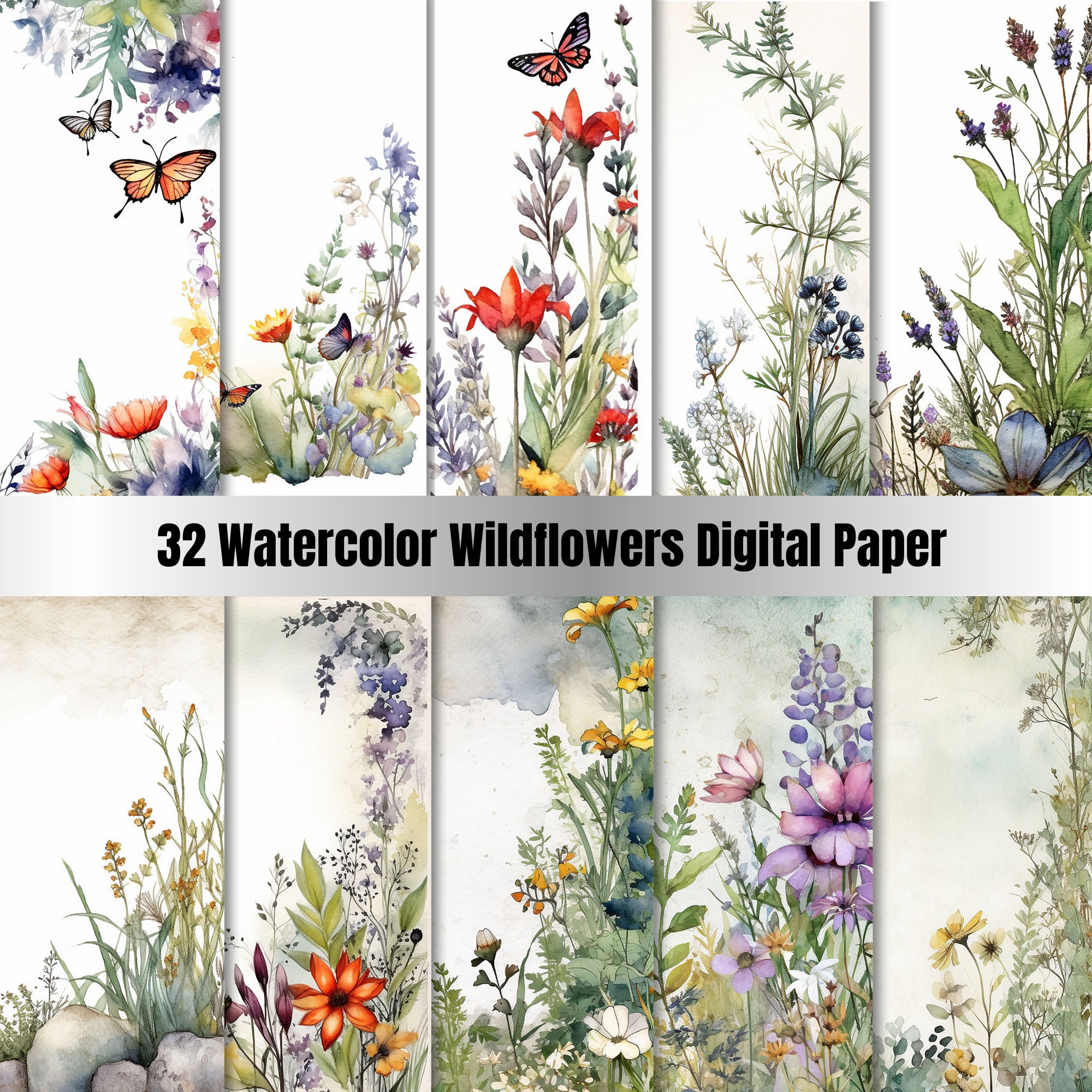 32 Watercolor Wildflowers Digital Paper Set, Spring Flowers Junk ...