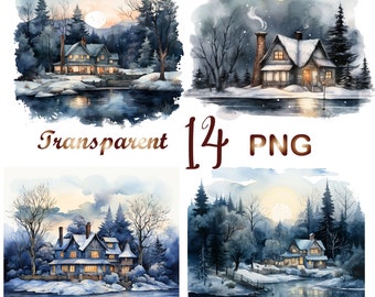 14  Watercolor Christmas night png,christmas png, christmas sublimation, christmas house, sublimation design, png, digital download