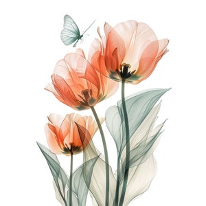May include: A delicate, translucent bouquet of three peach-colored tulips with a single, light blue butterfly perched on the top bloom. The stems and leaves are also translucent, creating a dreamy, ethereal effect.