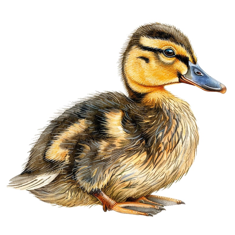 May include: A close-up of a brown and yellow duckling with dark brown feathers and a blue beak. The duckling is sitting on a white background.